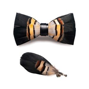 Men’s Novelty Feather Pre Tied Bow Tie and matching lapel Gift box set black